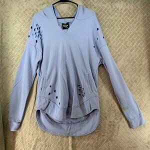 Entree Womans Medium Hoodie Sweatshirt Tunic Top Light Blue Distressed